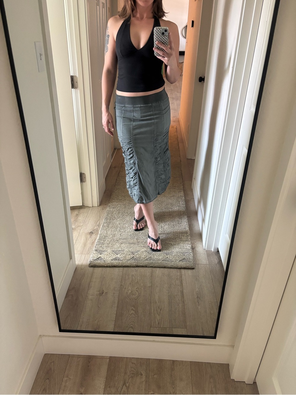 Y2K Women's Olive Green Ruched Midi Skirt